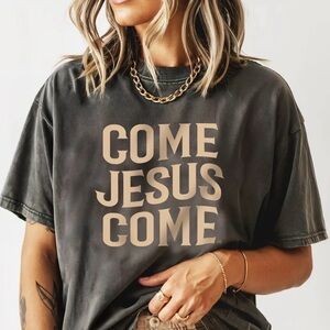 COME JESUS COME Graphic Tee - Charcoal with Beige Print
